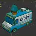 Blue And White Ice Cream Truck With Large Cone On Top And Ice Cream Lettering