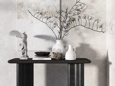Decorative Ornament Set With White Vase Winged Sculpture And Black Bowl On Black Console Table 3d model