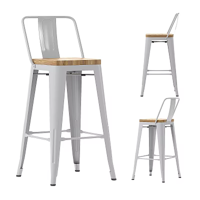 Modern Bar Stool With Metal Frame And Wooden Seat In Multiple Angles 3d model