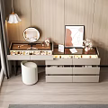 Modern Wooden Dressing Table With Round Mirror White Stool And Decorative Painting