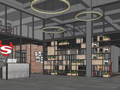 Industrial Style Specialty Store Interior With Brick Wall Wooden Shelves And Circular Pendant Lights 3d model