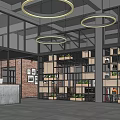 Industrial Style Specialty Store Interior With Brick Wall Wooden Shelves And Circular Pendant Lights
