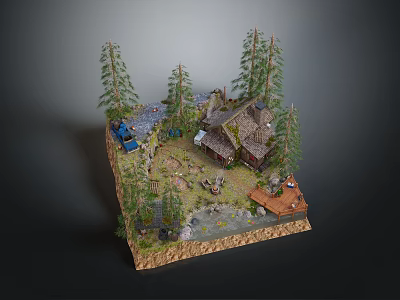 Scenic Mountain Log Cabin Surrounded by Pine Trees and Stream with Wooden Deck 3d model