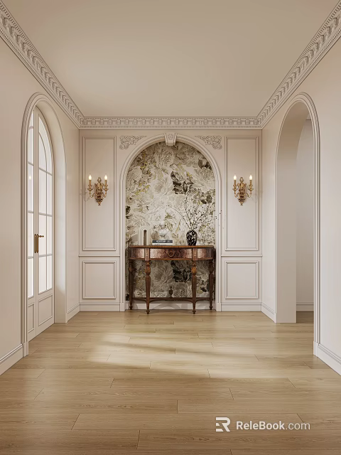 Elegant Foyer Hallway With Paneled Walls Arched Decor Artistic Mural And Ornate Wall Sconces 3d model 