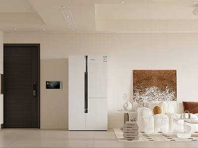 Modern Living Dining Room Interior With White Sofa Refrigerator And Decorative Wall Art 3d model