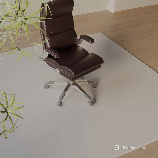 Brown Leather Office Chair With Armrests And Silver Wheels Near Green Plants 3d model 