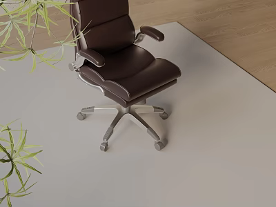 Brown Leather Office Chair With Armrests And Silver Wheels Near Green Plants 3d model