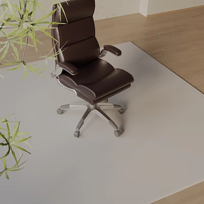 Brown Leather Office Chair With Armrests And Silver Wheels Near Green Plants 3d model