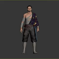 Man with One Shoulder Exposed Tattooed Arm Red Waist Belt Sword and Wooden Clogs Standing