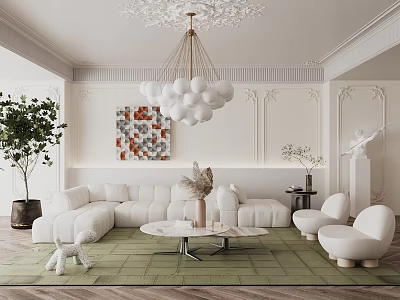 Elegant Living Room Interior With White Sofa Green Rug Spherical Chandelier And Decorative Painting 3d model