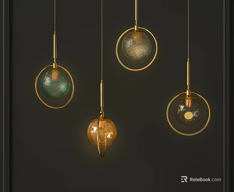 Four Modern Spherical Glass Pendant Lights With Gold Frames Hanging Against Dark Background 3d model 