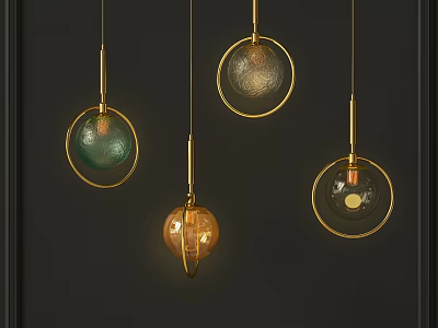 Four Modern Spherical Glass Pendant Lights With Gold Frames Hanging Against Dark Background 3d model