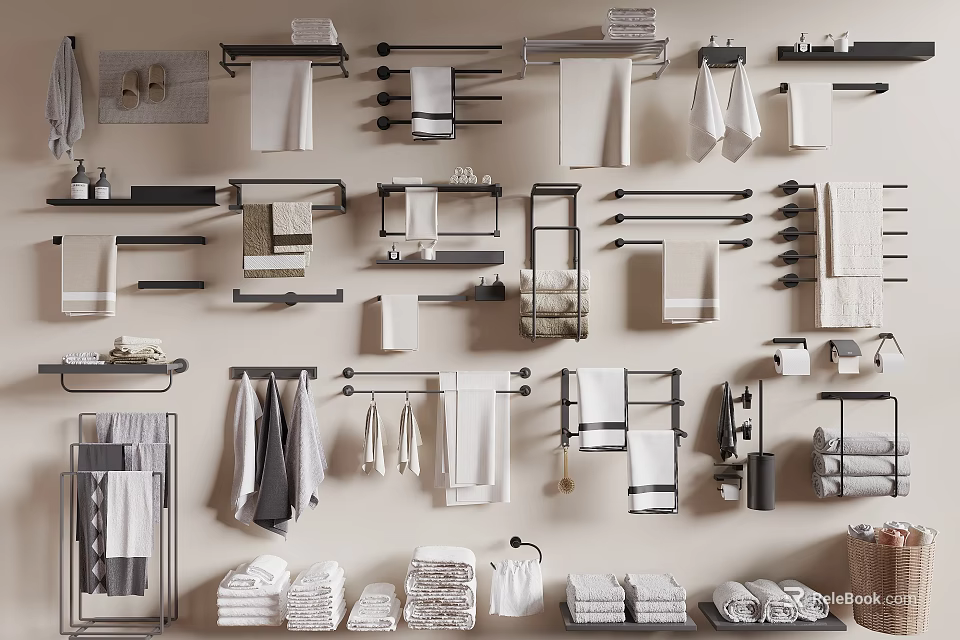 Various Types Of Towels Display With Storage Racks And Hooks 3d model 