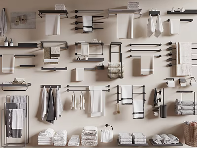 Various Types Of Towels Display With Storage Racks And Hooks 3d model