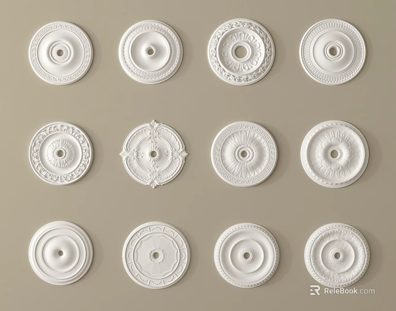 White Carved Ceiling Medallions With Various Intricate Designs And Patterns 3d model 