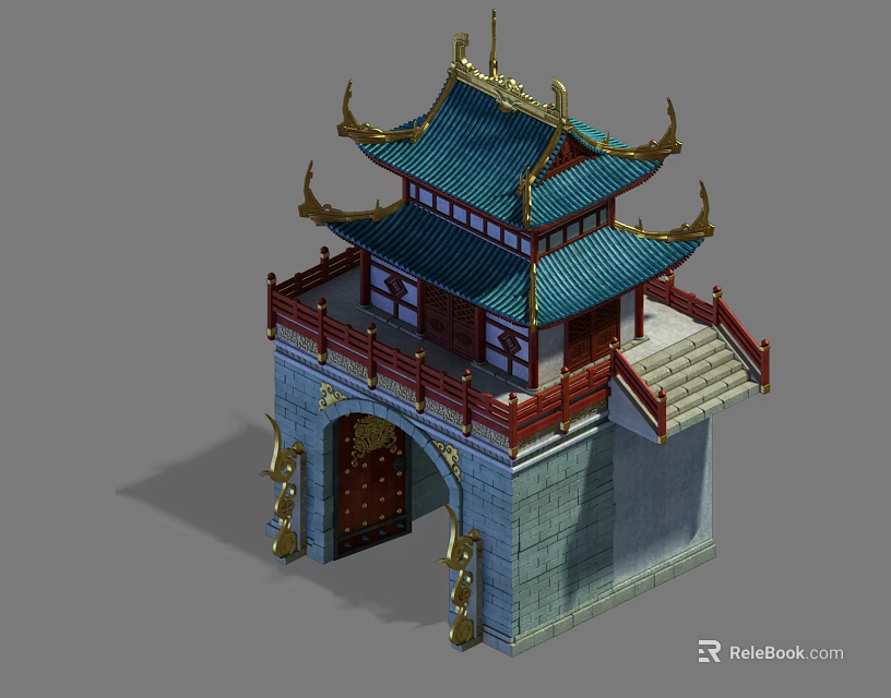 Traditional Chinese Gate Tower With Blue Roof Red Railings Golden Ornaments And Stone Steps 3d model 