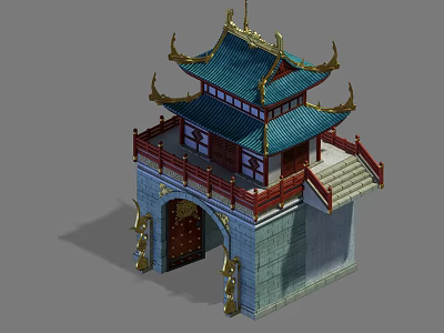 Traditional Chinese Gate Tower With Blue Roof Red Railings Golden Ornaments And Stone Steps 3d model