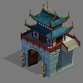 Traditional Chinese Gate Tower With Blue Roof Red Railings Golden Ornaments And Stone Steps