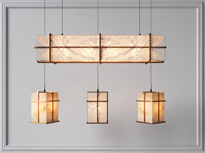 Modern Rectangular And Square Pendant Lights With Wood Frame Beige Shades For Interior Design 3d model
