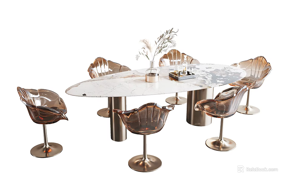 Elegant Oval Marble Dining Table Set with Metal Base and Petal Shaped Chairs 3d model