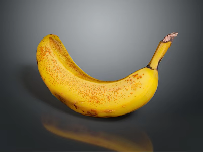 Ripe Yellow Banana With Brown Spots On Dark Reflective Surface 3d model
