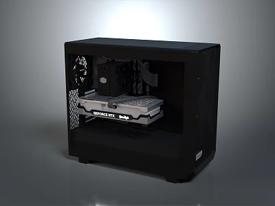 Black Computer Case with Transparent Side Panel and Internal PC Components 3d model
