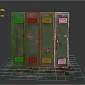 Old Green Rusty Lockers Standing On Worn Damaged Tile Floor 3d model