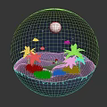 Natural Scene Inside Sphere With Night Sky Moon Stars Palm Trees Water And Grass