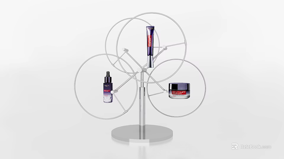 Cosmetics Window Display With Metal Stand Rack And Beauty Product Bottles Jars 3d model 