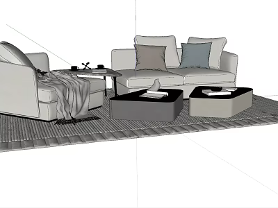 Stylish Sofa And Coffee Table Set In Living Room With Cushions Blanket And Decor Items 3d model