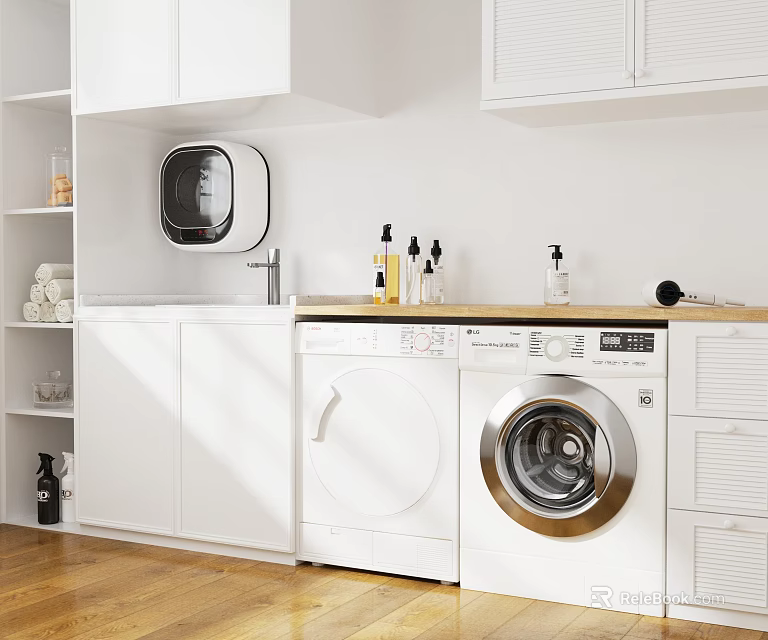 Modern Laundry Room Interior With White Cabinets Washing Machine And Dryer 3d model 