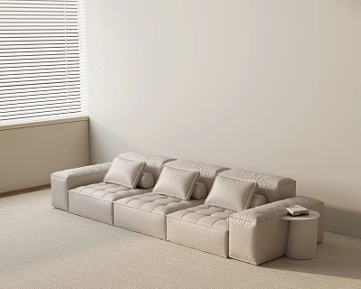 Light Colored Modern Three Seater Sofa with Cushions and Side Table on Carpeted Floor 3d model