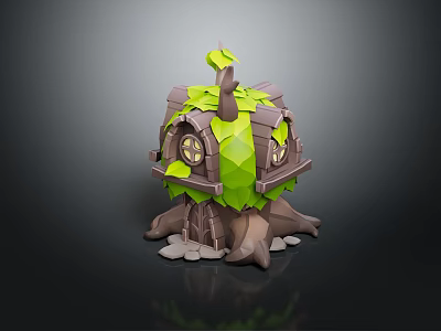 Cartoon Tree House With Green Leaves Trunk Structure Root Base Windows And Stones 3d model