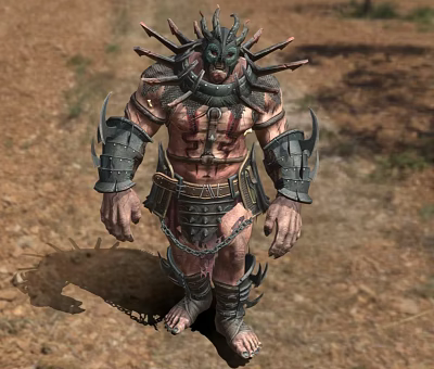 Game Movie Character With Spiked Headgear Muscular Build And Armored Body In Wilderness Terrain 3d model