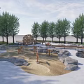Outdoor Children's Play Area with Natural Sand Pits Rock Borders Wooden Structures and Surrounding Trees