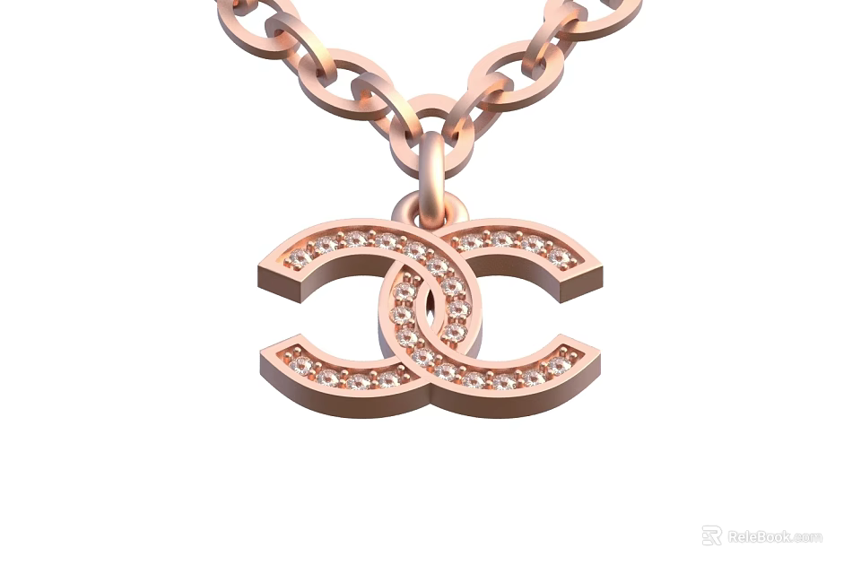 Luxury Rose Gold Jewelry Necklace With Double C Shaped Diamond Studded Pendant 3d model 
