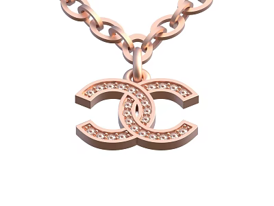 Luxury Rose Gold Jewelry Necklace With Double C Shaped Diamond Studded Pendant 3d model