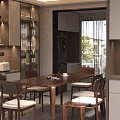 Modern Walnut Dining Table Set With Comfortable Cushioned Chairs For Cozy Bright Home Dining Area
