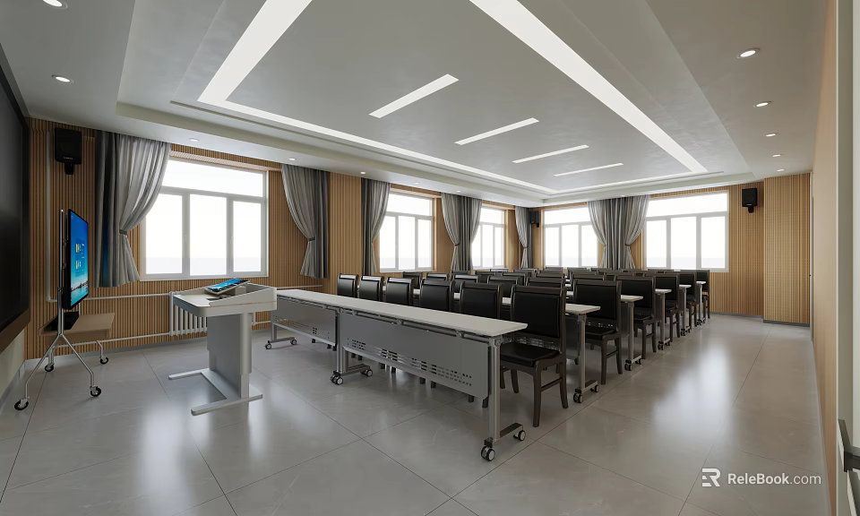 Spacious Conference Room Interior With Rows Of Tables Chairs Mobile Podium Large Windows And Curtains 3d model 