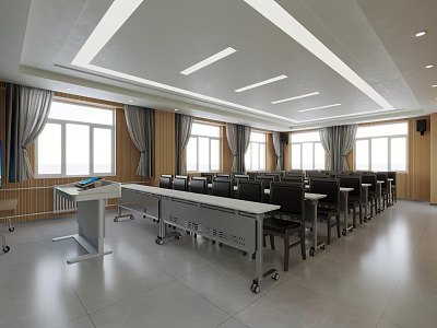 Spacious Conference Room Interior With Rows Of Tables Chairs Mobile Podium Large Windows And Curtains 3d model