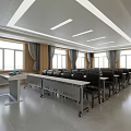 Spacious Conference Room Interior With Rows Of Tables Chairs Mobile Podium Large Windows And Curtains