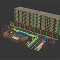 3D Model of Residential Complex with Apartment Buildings Trees Basketball Court Roads and Vehicles