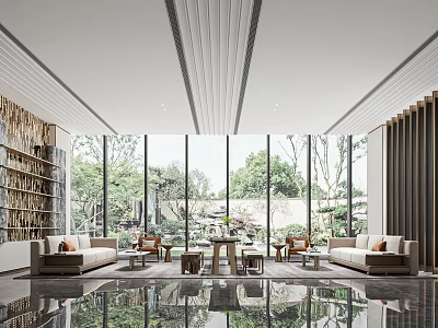 Modern Minimalist Lounge Area With Large Windows Green Plants Sofas Coffee Tables And Bookshelves 3d model