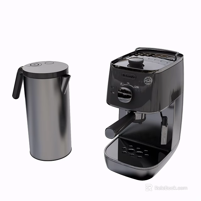 Stylish Modern Kitchen Appliances Silver Kettle And Black Espresso Machine 3d model 