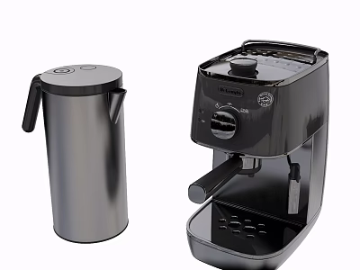 Stylish Modern Kitchen Appliances Silver Kettle And Black Espresso Machine 3d model