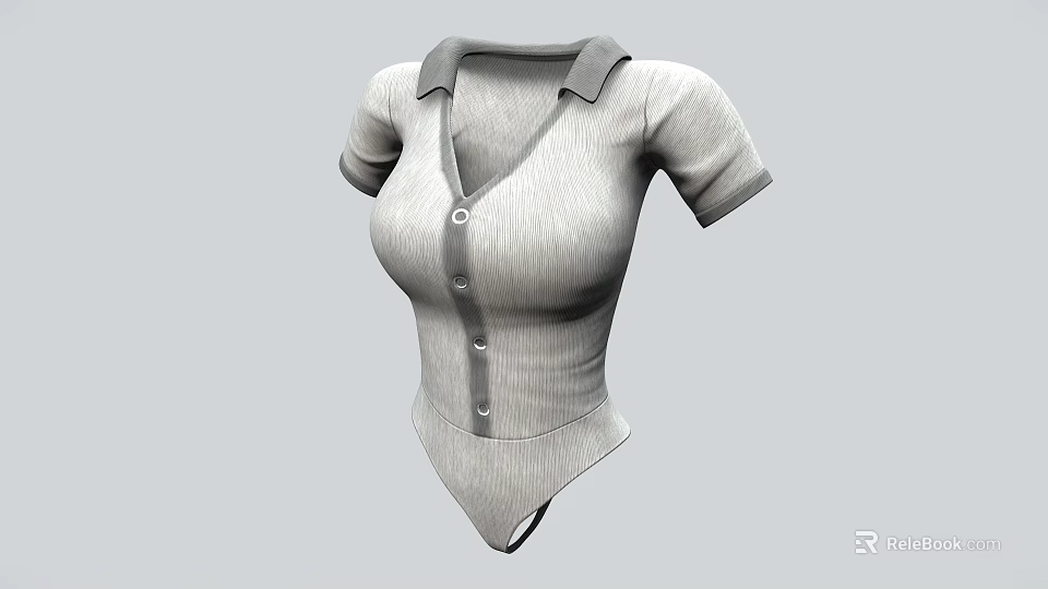 Stylish Gray Short Sleeve Collared Bodysuit with Button Front Design 3d model 