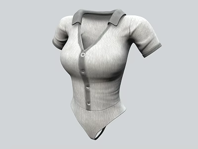 Stylish Gray Short Sleeve Collared Bodysuit with Button Front Design 3d model