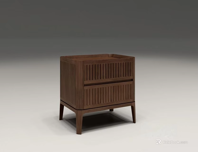 Wooden Bedside Table With Two Drawers Vertical Stripes Design And Slim Legs 3d model 