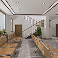Spacious Lobby Interior Featuring Wooden Reception Desk Decorative Paintings Green Plant And Marble Floor