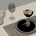 Modern Dining Table Setting With White Mug Wine Glass Black Bowl Bread Rolls And Cutlery